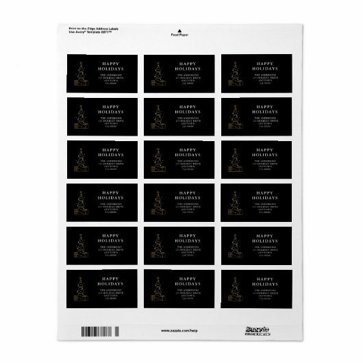 Minimal Gold Christmas Tree Black Retouradres Etiket (Full Sheet)
