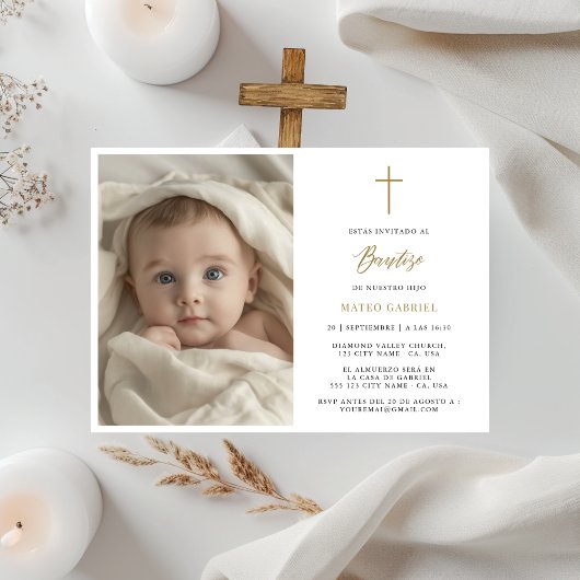 Minimal Gold Invitaciones Para Bautizo Foto Kaart