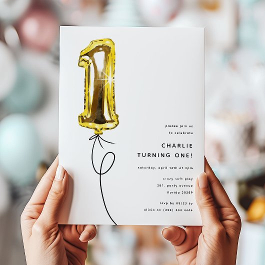 Minimal Gold One Balloon 1st Birthday Party Kaart