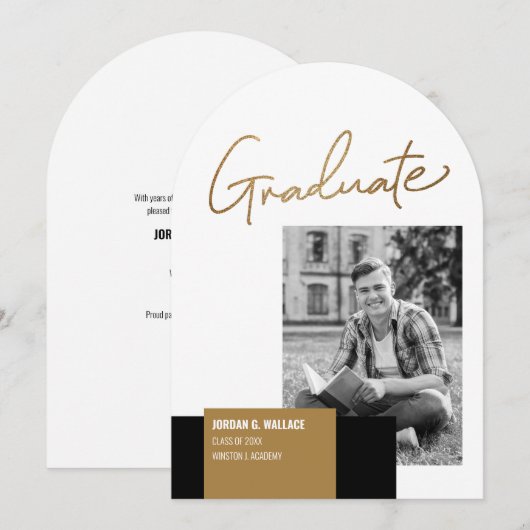 Minimal Gold Script Afstuderen Foto Afstuderen Kaart (Voorkant / Achterkant)
