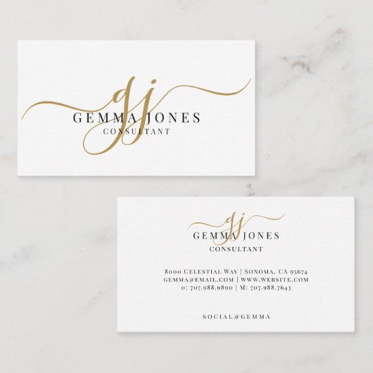 Minimal Gold Script Monogram Consultant Visitekaartje (Voorkant / Achterkant)