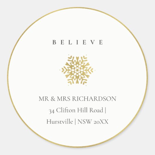 Minimal Gold Snowflake Believe Christmas Address Ronde Sticker (Voorkant)