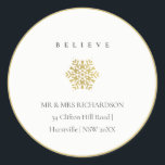 Minimal Gold Snowflake Believe Christmas Address Ronde Sticker<br><div class="desc">Neem contact met mij op via yellowfebstudio@gmail.com voor meer aanpassingen of andere overeenkomende objecten.</div>