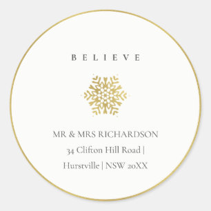 Minimal Gold Snowflake Believe Christmas Address Ronde Sticker