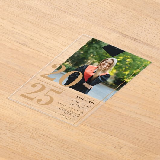 Minimal Gold Typography Foto Afstuderen Acryl Uitnodigingen (Laagn)