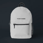 Minimal Gray Custom Name Backpack Bedrukte Rugzak<br><div class="desc">Easily personalize this simple and cool backpack adding your name or custom text. A cool and modern design in minimalist light gray eaturing clear sans serif font, for a modern, professional and edgy look, perfect as custom gift for college students, high school, kids. The backpack can be customized in any...</div>