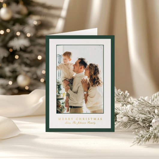 Minimal Green Border Photo Elegant Christmas Folie Feestdagenkaart