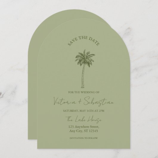 Minimal Green Palm Tree Beach Save The Date Kaart (Voorkant / Achterkant)