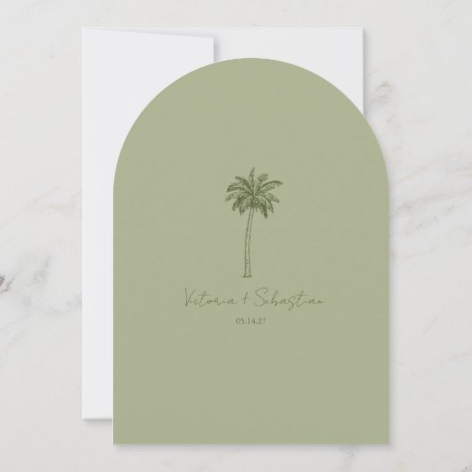 Minimal Green Palm Tree Beach Save The Date Kaart (Achterkant)