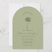 Minimal Green Palm Tree Beach Save The Date Kaart (Voorkant)