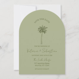 Minimal Green Palm Tree Beach Save The Date Kaart