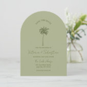 Minimal Green Palm Tree Beach Save The Date Kaart (Staand voorkant)