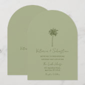 Minimal Green Palm Tree Beach Wedding Invitation Kaart (Voorkant / Achterkant)