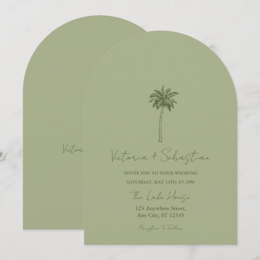 Minimal Green Palm Tree Beach Wedding Invitation Kaart (Voorkant / Achterkant)