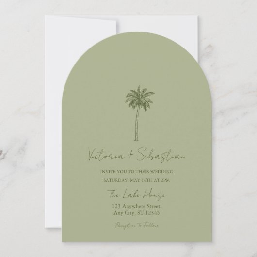 Minimal Green Palm Tree Beach Wedding Invitation Kaart (Voorkant)