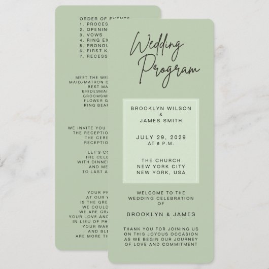 Minimal Green Sage Wedding Programs Kaart (Voorkant / Achterkant)