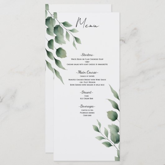 Minimal Greenery laat modern wit huwelijksmenu ach Menu (Voorkant / Achterkant)