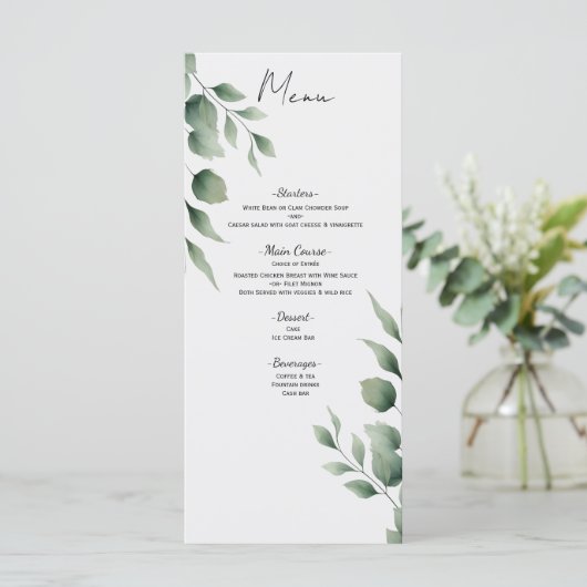 Minimal Greenery laat modern wit huwelijksmenu ach Menu (Staand voorkant)
