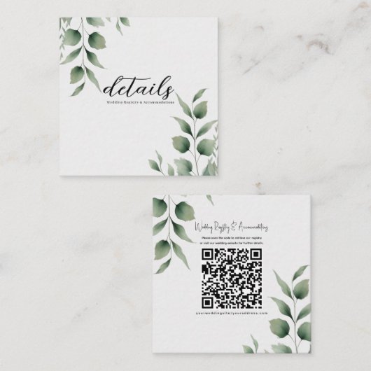 Minimal Greenery laat moderne trouwdetails achter Vierkante Visitekaartje (Voorkant / Achterkant)