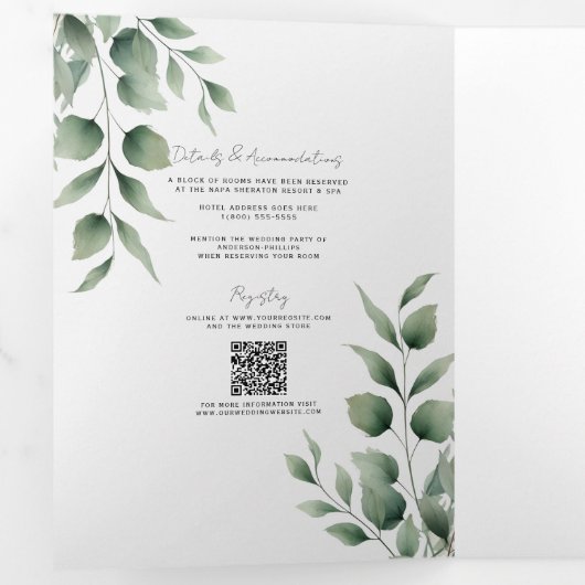 Minimal Greenery laat moderne witte bruiloft achte Drieluik Uitnodiging (Binnenzijde eerst)