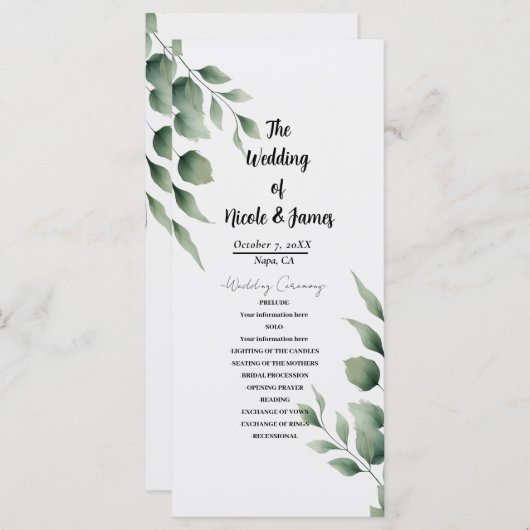 Minimal Greenery laat moderne witte bruiloft achte Programmakaart (Voorkant / Achterkant)