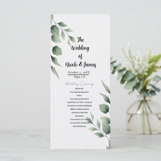 Minimal Greenery laat moderne witte bruiloft achte Programmakaart (Staand voorkant)