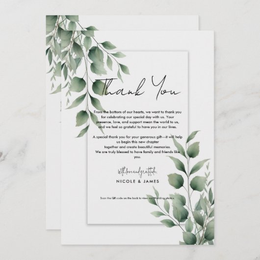 Minimal Greenery Leaves Modern White Dank u Kaart (Voorkant / Achterkant)