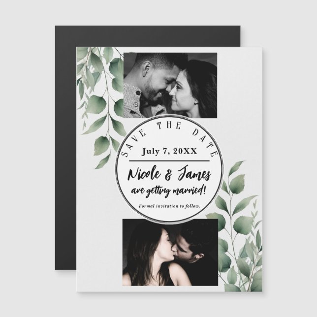Minimal Greenery Leaves Modern White Save the Date (Voorkant / Achterkant)