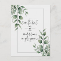 Minimal Greenery Leaves Modern White Save the Date