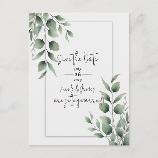 Minimal Greenery Leaves Modern White Save the Date Aankondigingskaart (Voorkant)