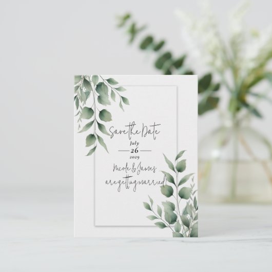 Minimal Greenery Leaves Modern White Save the Date Aankondigingskaart (Staand voorkant)
