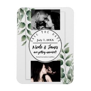 Minimal Greenery Leaves Modern White Save the Date Magneet