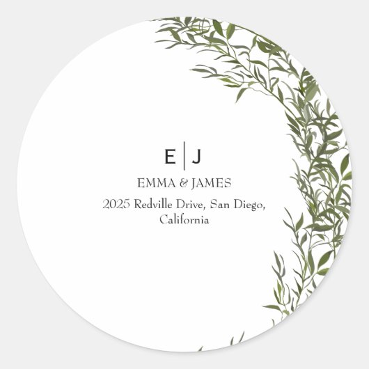 Minimal Greenery Monogram Ronde Sticker (Voorkant)