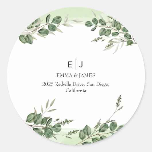 Minimal Greenery Monogram Ronde Sticker (Voorkant)