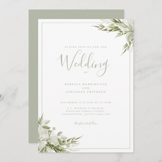 Minimal Greenery Sage Green Leaf Wedding Kaart (Voorkant / Achterkant)