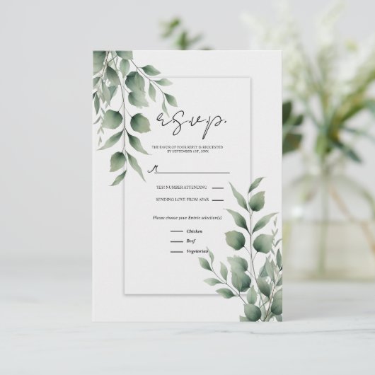Minimal Greenery verlaat moderne witte bruiloft RS RSVP Kaartje (Staand voorkant)
