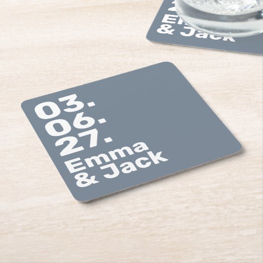 Minimal grey bold modern wedding date and names kartonnen onderzetters (Schuin)