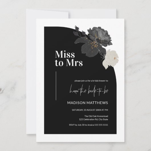 Minimal Half Arch Miss voor Mrs Black Floral Brida Kaart (Voorkant)