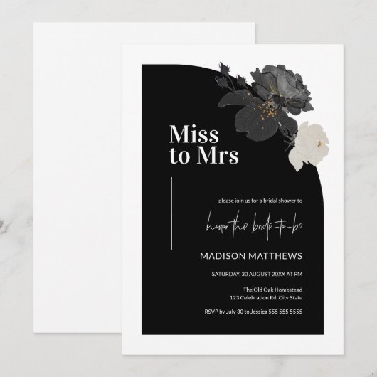Minimal Half Arch Miss voor Mrs Black Floral Brida Kaart (Voorkant / Achterkant)