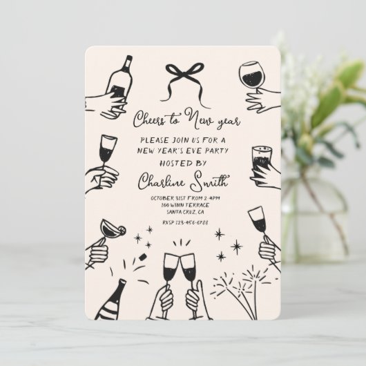 Minimal Hand Drawn “Cheers to New Year” Party Kaart (Staand voorkant)