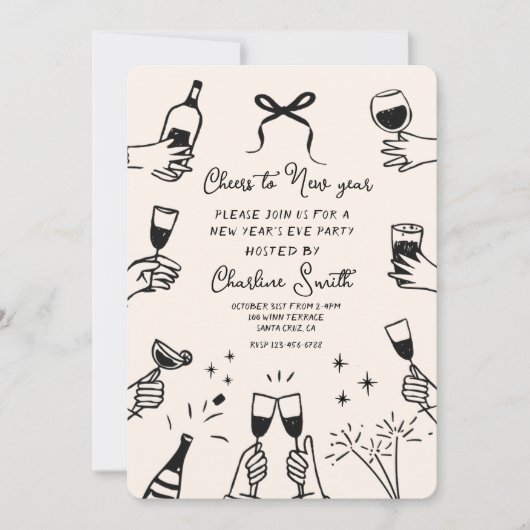 Minimal Hand Drawn “Cheers to New Year” Party Kaart (Voorkant)