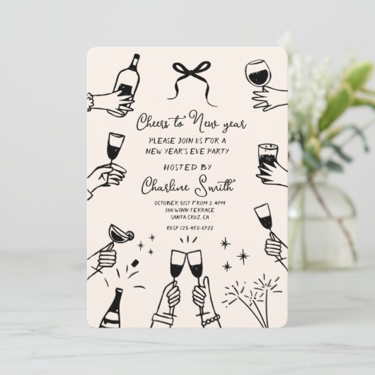 Minimal Hand Drawn “Cheers to New Year” Party Kaart (Staand voorkant)