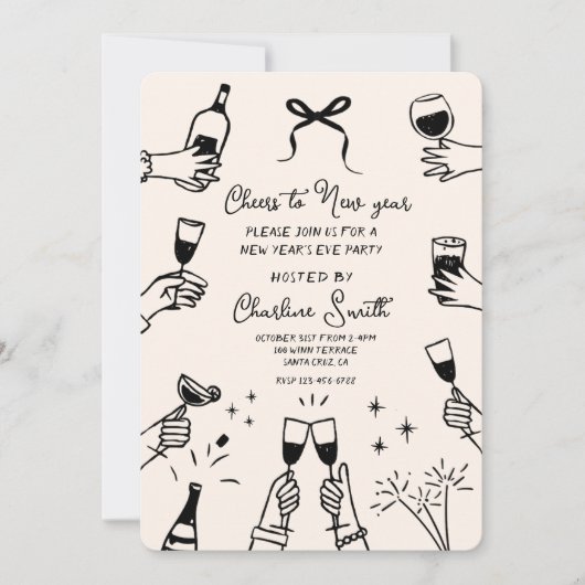 Minimal Hand Drawn “Cheers to New Year” Party Kaart (Voorkant)