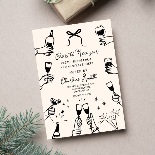 Minimal Hand Drawn “Cheers to New Year” Party Kaart