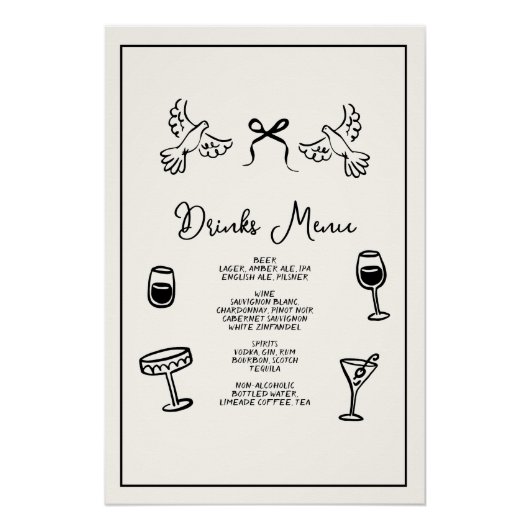 Minimal Hand Drawn “Drinks Menu” Wedding Bar Perfect Poster (Voorkant)