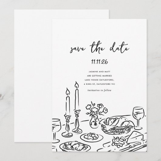Minimal Hand Drawn Whimsical Doodle Save The Date (Voorkant / Achterkant)
