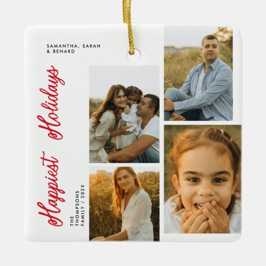 Minimal Happiest Holidays Script Family 4 Photos Keramisch Ornament (Voorkant)