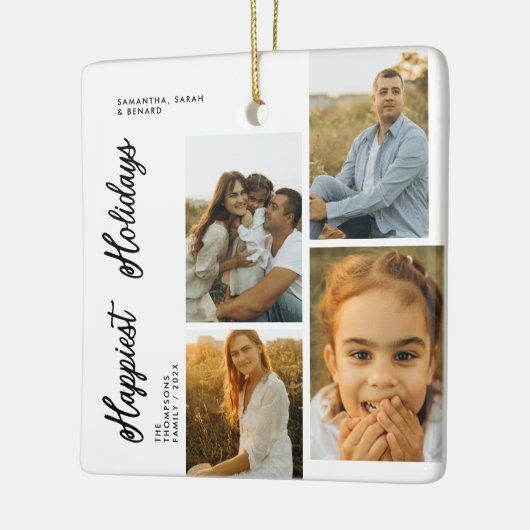 Minimal Happiest Holidays Script Family 4 Photos Keramisch Ornament (Links)