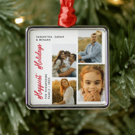 Minimal Happiest Holidays Script Family 4 Photos Metalen Ornament