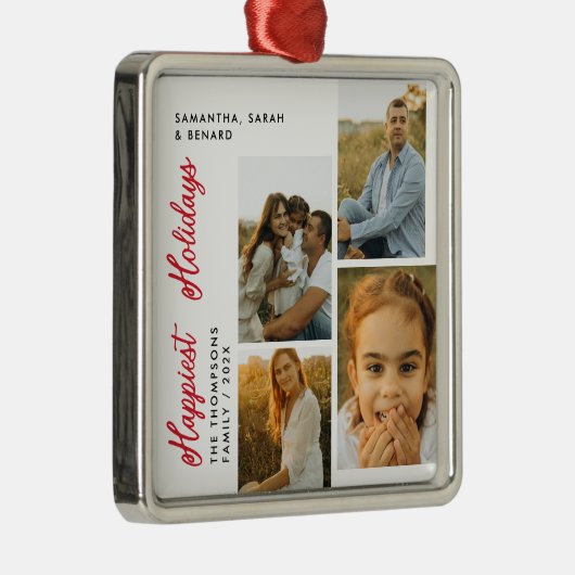 Minimal Happiest Holidays Script Family 4 Photos Metalen Ornament (Rechts)
